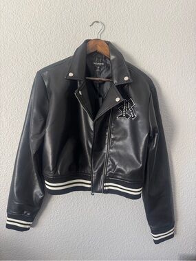 True Religion Black Faux Leather Varsity Jacket with Striped Hem